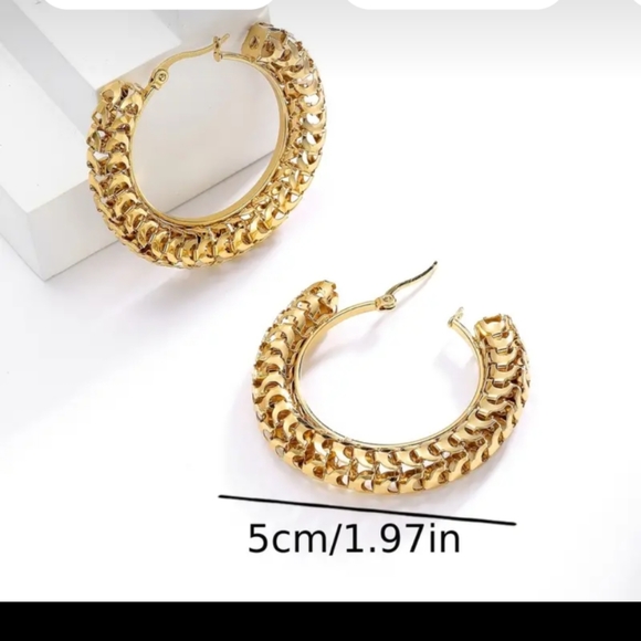 CUBAN CHAIN HOOP EARRINGS 18K GOLD PLATED - Picture 4 of 5